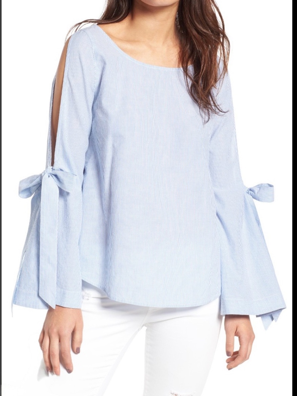 bp Blue Pinstripe Tie-Sleeve Boatneck Blouse